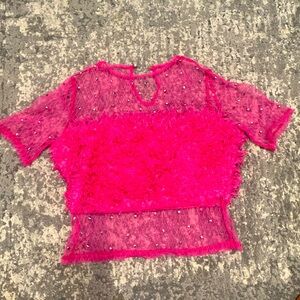 Pink Sheer Crop Top with Fur Front - Short Sleeve, Trendy, Size S